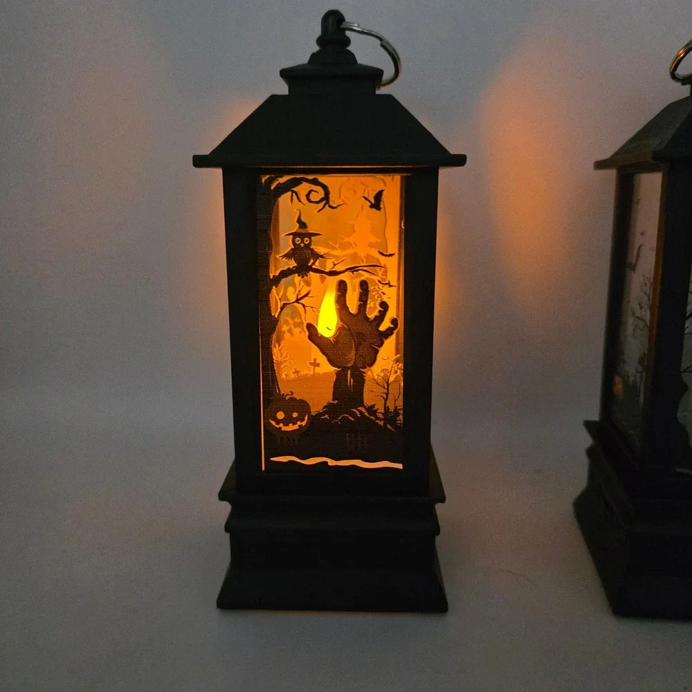 Halloween LED Storm Lanterns 2pc Black‎ Spooky Skull Haunted House Gothic Decor